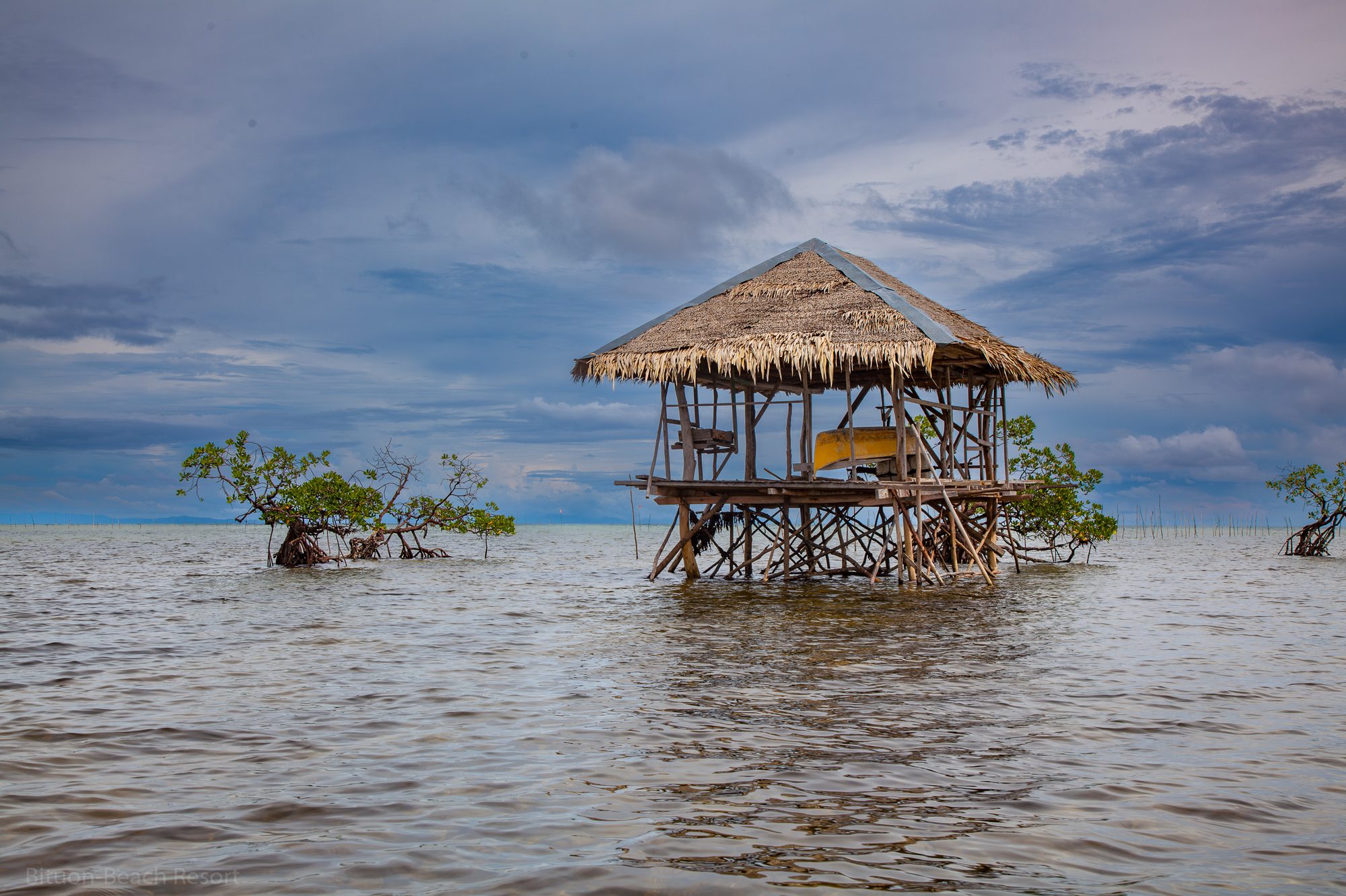 Holzplattform auf Stelzen im Mangrovengebiet nahe Lamanok Island – Teil der geführten Tour.